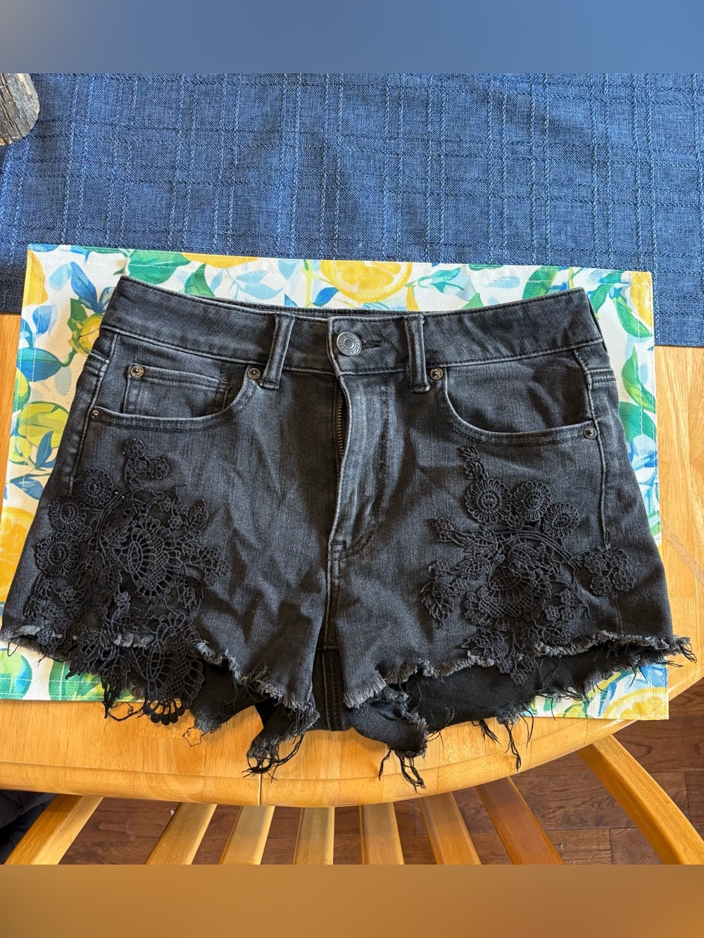 American Eagle Outfitters Black Denim Shorts with Floral Lace